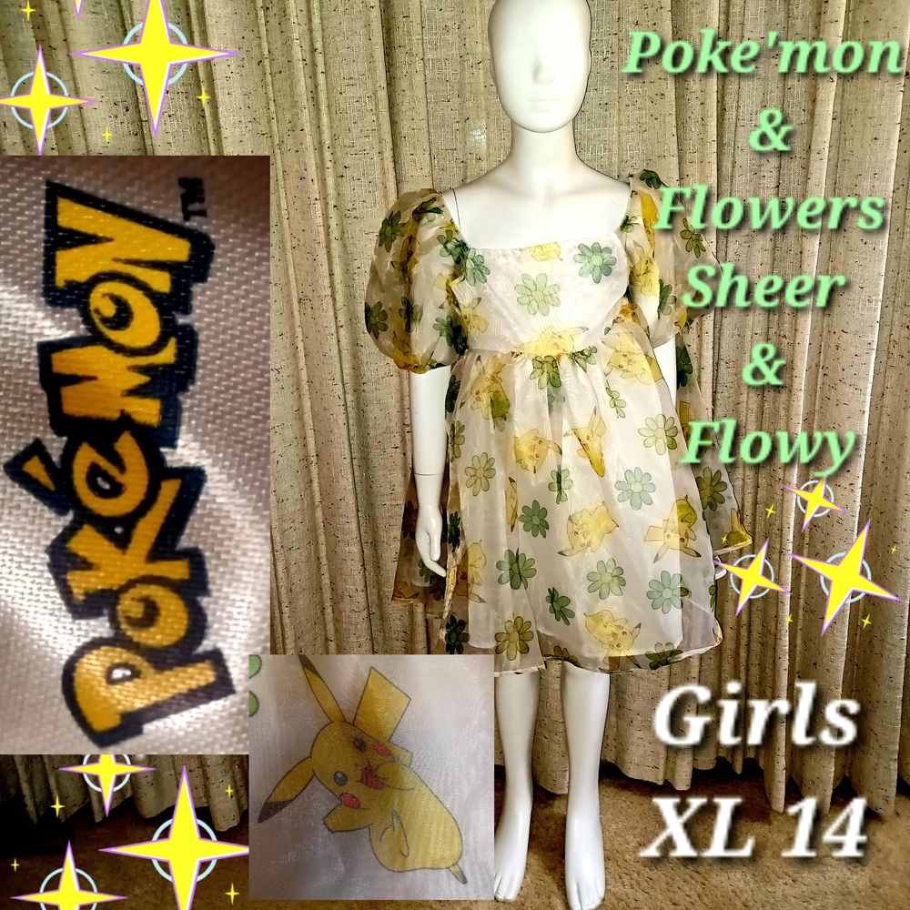 Pokemon Sheer Floral Dress - Yellow and Green